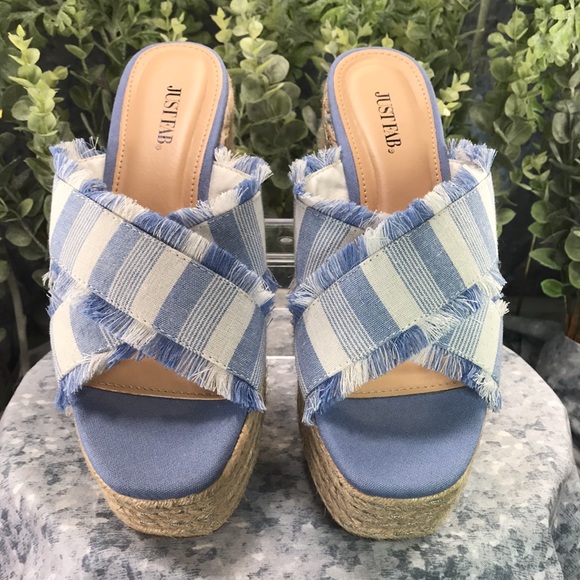 JustFab Yes Girl Lt.Blue & White Crossband Espadrille Wedges WMS 8.5☀️NWOT☀️ - Picture 2 of 12